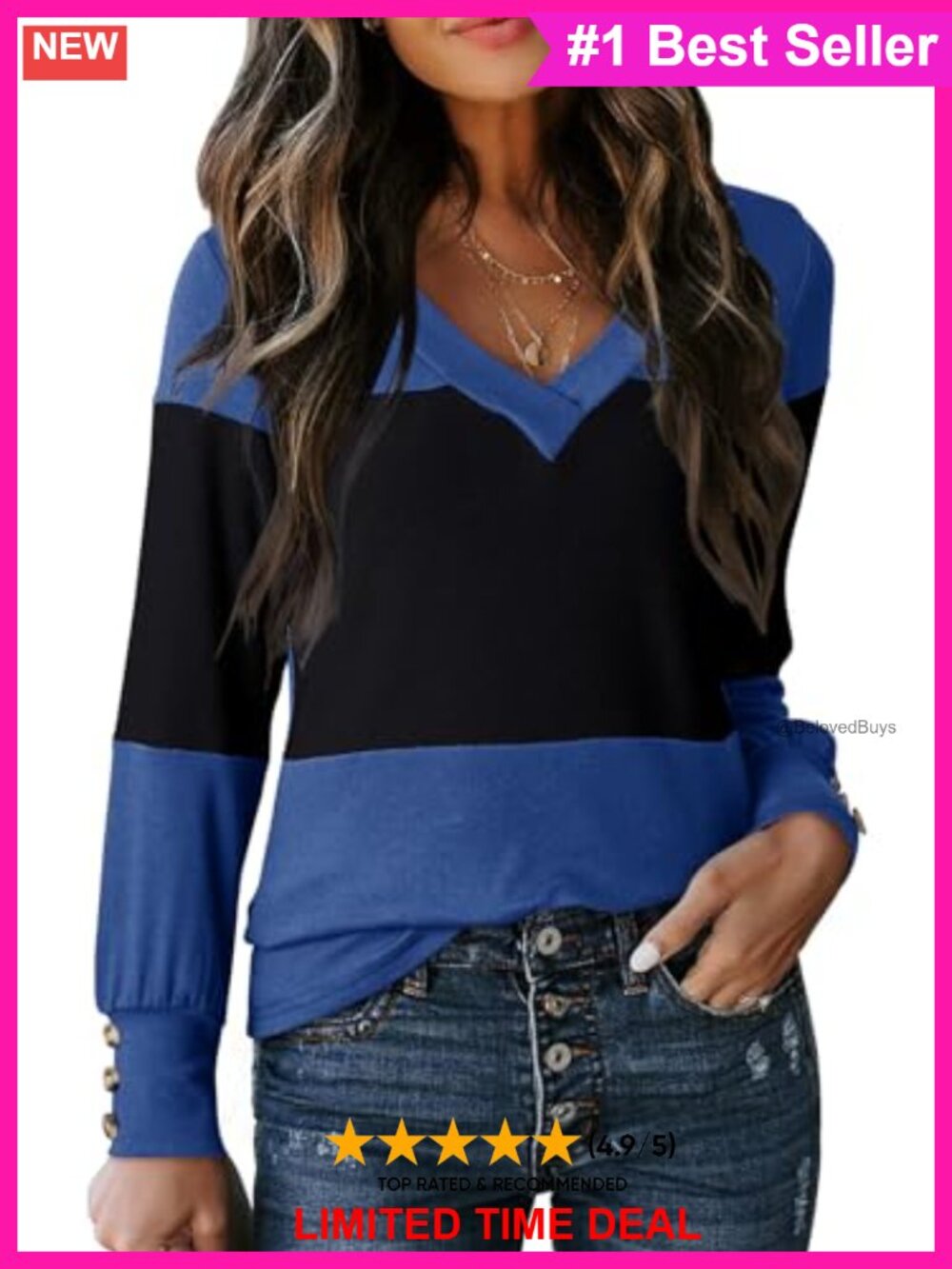 Womens V Neck Color Block Pullover Long Sleeve Tunic Top Casual Sweater